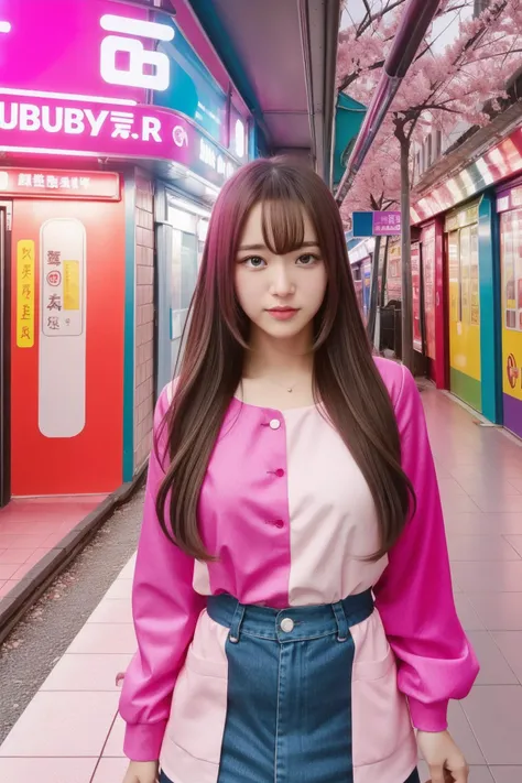 a woman standing in a subway station with a pink shirt and blue skirt