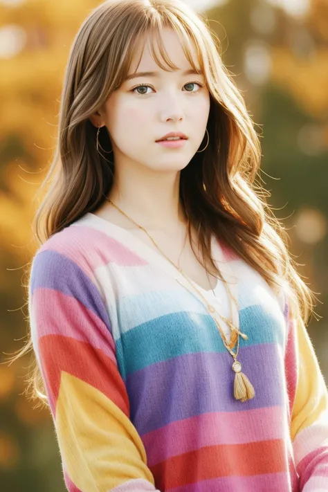 a woman with long hair wearing a colorful sweater and necklace