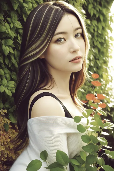 a close up of a woman with long hair and a white top