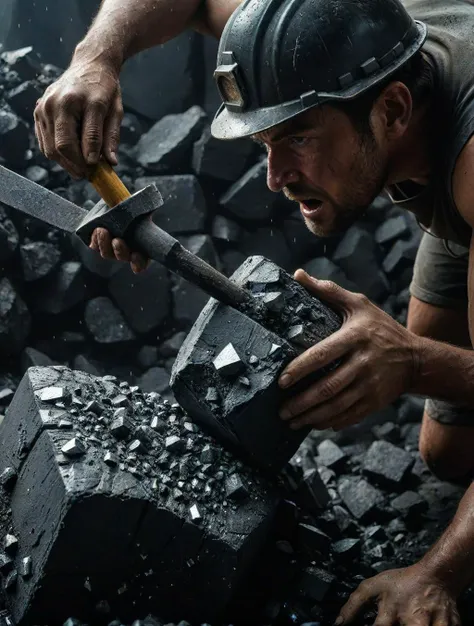 arafed man in a hard hat working with a hammer in a coal pit