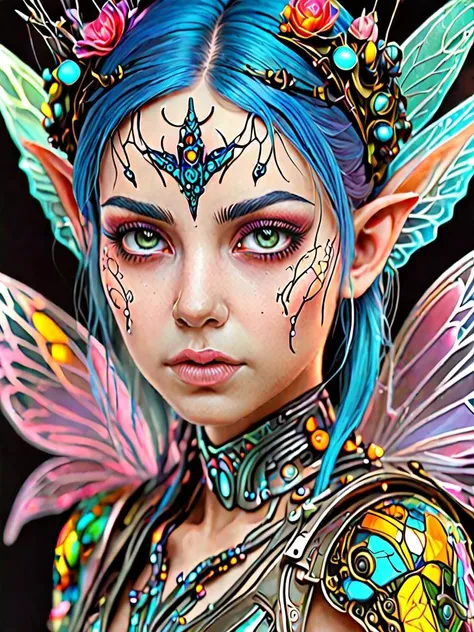 photography of a cute and creepy fairy, perfect face, intricate details, realism, colorful cyberpunk