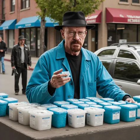 Heisenberg selling blue meth on a street corner