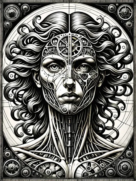 a drawing of a woman with a face made of gears