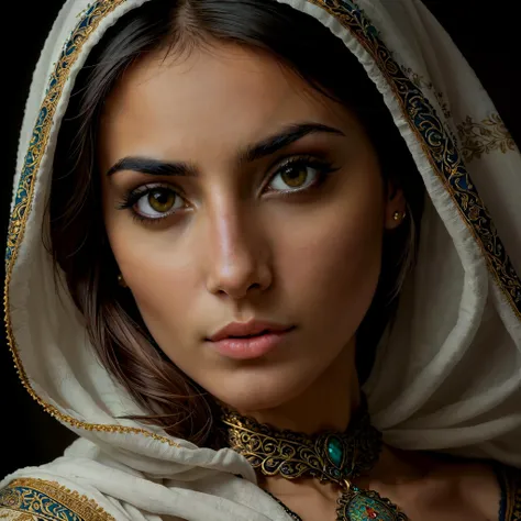 arafed woman in a white shawl and a necklace with a green jewel