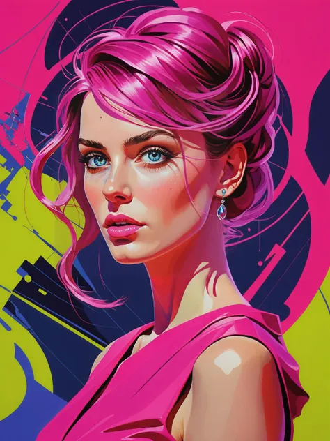 a painting of a woman with pink hair and blue eyes