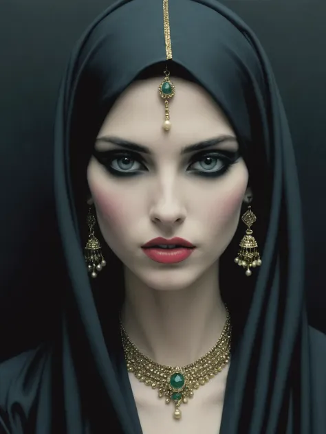 a woman with black hair and a black veil and green eyes