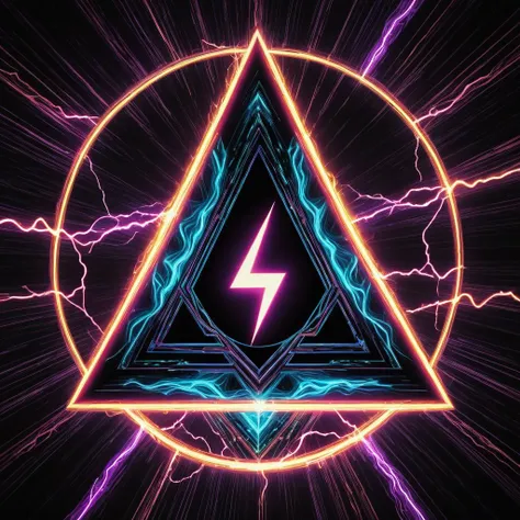 a neon triangle with lightning in the middle