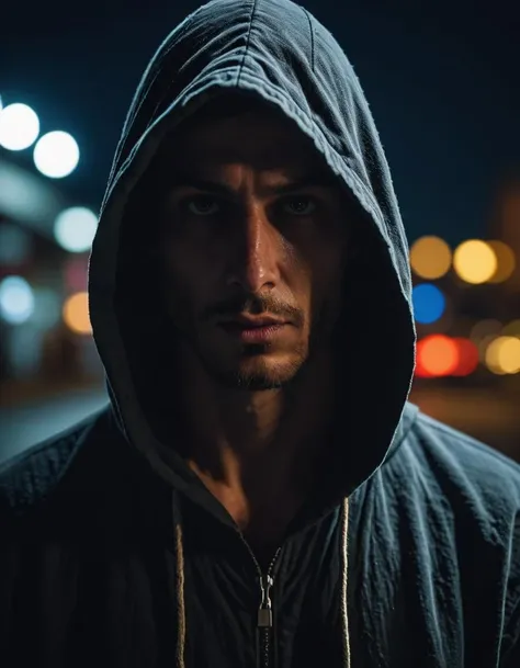 a man in a hoodie standing in the dark with a city background