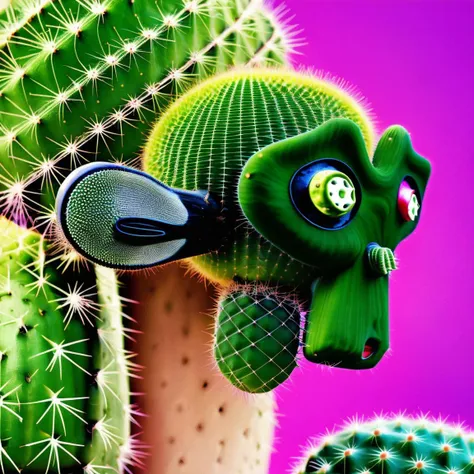 there is a green cactus with a hair brush and a green turtle