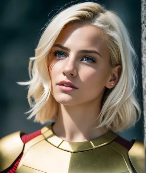 1girl, skin pores texture, Hair blonde short, HD , Photography, movie, cinematic, full Body armor red , blue and gold, hero, Realistic, (8k, RAW photo, best quality, masterpiece:1.2), (realistic, photo-realistic:1.33), best quality, cute,natural lighting, ...