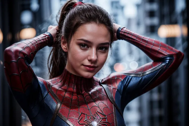 marvel movies,photo of a 18 year old girl,spiderman,adjusting hair,ponytail,happy,looking at viewer,ray tracing,detail shadow,sh...