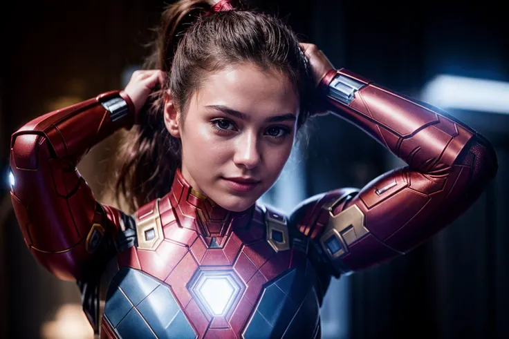 marvel movies,photo of a 18 year old girl,ironman,adjusting hair,ponytail,happy,looking at viewer,ray tracing,detail shadow,shot...