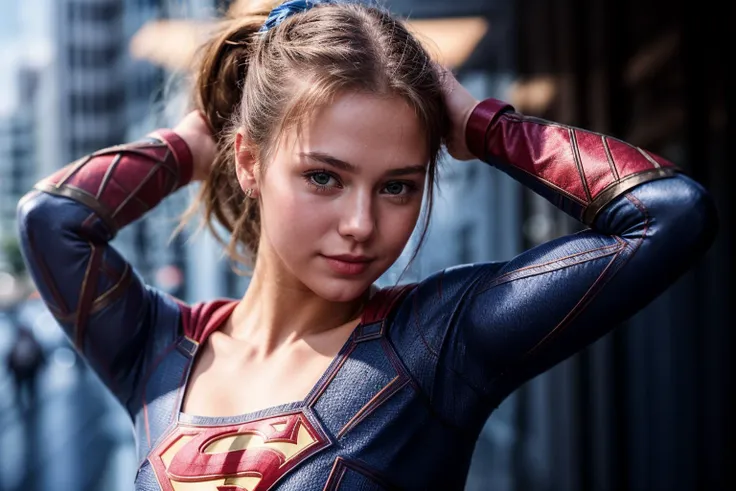 <lora:ultra_instinct_type_a:1>,dc movies,photo of a 18 year old girl,supergirl,adjusting hair,ponytail,happy,looking at viewer,r...