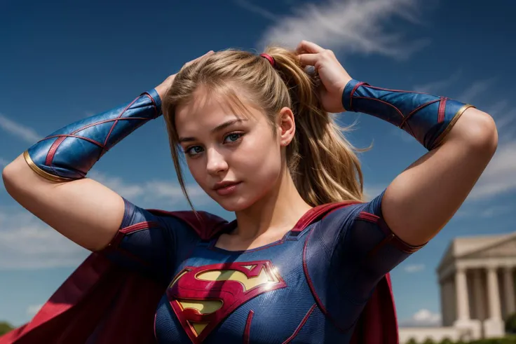 dc movies,photo of a 18 year old girl,supergirl,adjusting hair,arms over head,ponytail,ray tracing,detail shadow,shot on fujifil...