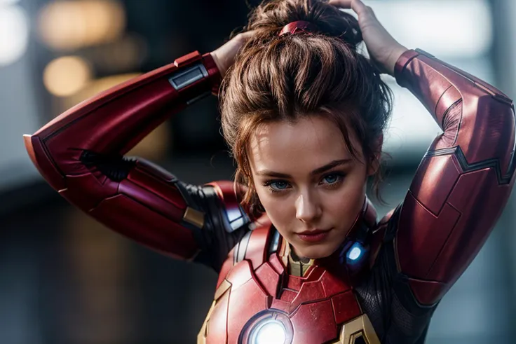 marvel movies,from above,photo of a 18 year old girl,ironman,adjusting hair,arms over head,updo hairstyle,happy,looking at viewe...