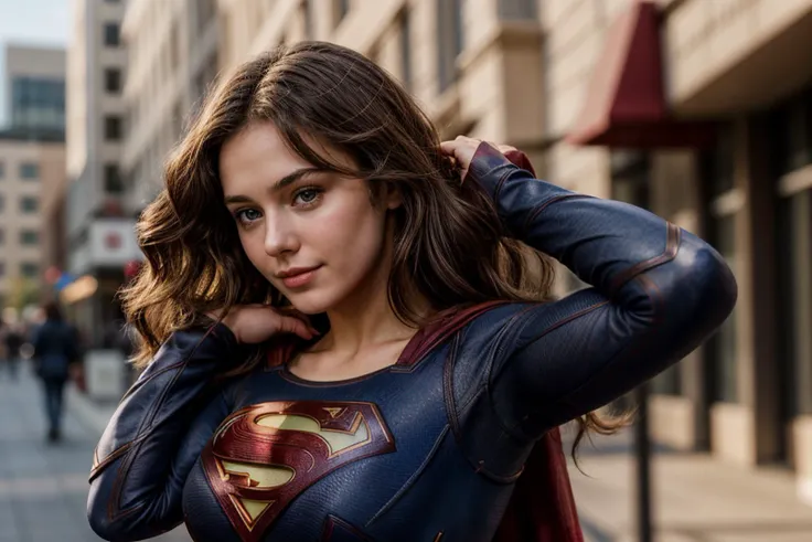 dc movies,photo of a 18 year old girl,supergirl,adjusting hair,perm,happy,ray tracing,detail shadow,shot on fujifilm x-t4,85mm f...