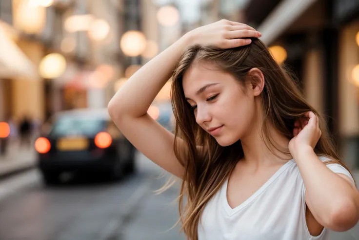 photo of a 18 year old girl,adjusting hair,happy,ray tracing,detail shadow,shot on fujifilm x-t4,85mm f1.2,sharp focus,depth of ...