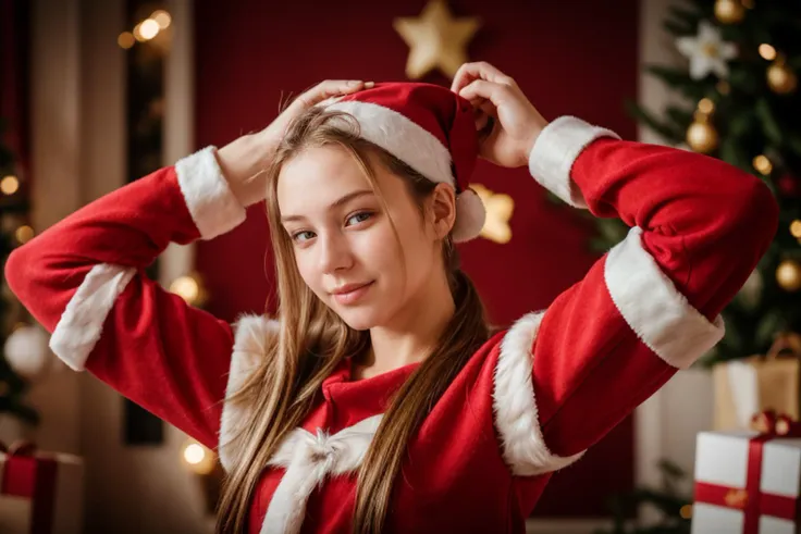 photo of a 18 year old girl,adjusting hair,arms over head,ponytail,happy,santa clausâs outfit,red coat,red hat,christmas theme...