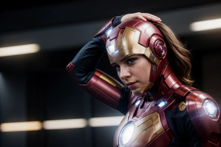 Marvel movies,photo of a 18 year old girl,ironman,adjusting hair,happy,ray tracing,detail shadow,shot on Fujifilm X-T4,85mm f1.2,sharp focus,depth of field,blurry background,bokeh,lens flare,motion blur,<lora:add_detail:1>,