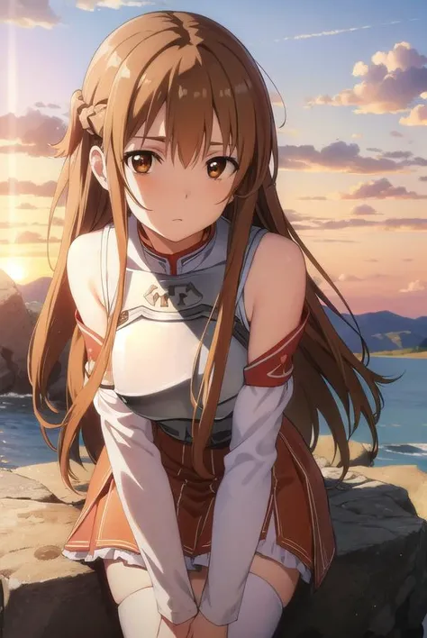 asunayuuki, <lora:asuna yuuki s1-lora-nochekaiser:1>, 
asuna yuuki, long hair, brown hair, (brown eyes:1.8),
BREAK skirt, thighhighs, bare shoulders, detached sleeves, armor, white thighhighs, (breastplate:1.2), red skirt,
BREAK outdoors, nature, forest, s...