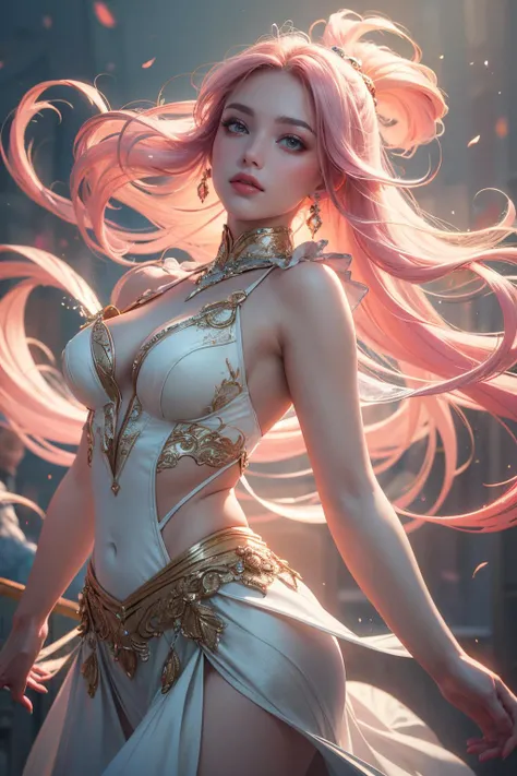 (8k, RAW photo, best quality, masterpiece:1.2),(realistic, photo-realistic:1.37),((1girl:1.6)), cowboy shot, pale pink hair, floating hair, professional lighting,physically-based rendering,(Glowing ambiance, hazy:1.2, enchanting radiance, luminous lighting...