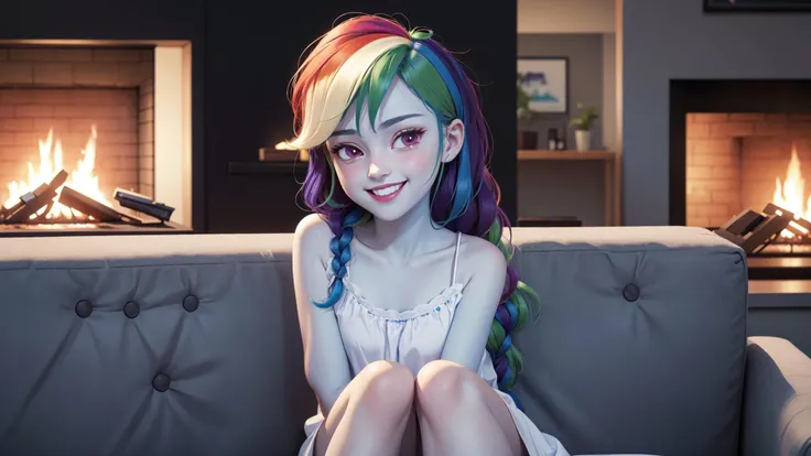 (masterpiece:1.4),(best qualit:1.4),(high resolution:1.4),nightgown,sitting,single braid,(looking at viewer:1.1),(night:1.2),couch,fireplace,smile,1girl,solo,solo focus,<lora:mlp_rainbowdash-10> mlpdash,(colored skin),(blue skin),rainbow hair,purple eyes,