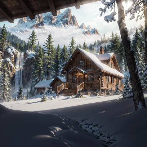 Majestic mountain scenery, fog,  serene landscape, rustic wooden cabin, cascading waterfall, lush green forest, snow-capped peaks, vibrant colors, intricate details, high-resolution, photorealistic, sunlight filtering through trees, tranquil, peaceful, atm...