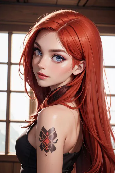 a woman with red hair and a tattoo on her arm