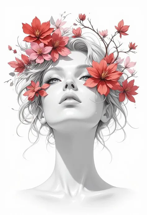 illustration, cartoon, manga, drawing, anime, egmid, 
A serene, monochromatic female face emerges with smooth, porcelain-like skin and subtle shading, evoking elegance and tranquility. Her soft, delicate features are intertwined with flourishing botanical ...