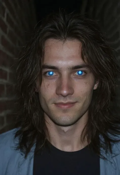 cinematic photography ultra close-up face of a man with (blue tapetum:1.3) in a dark alley at night, (focus on eyes:1.2), head tilted to the side, evil smile, messy long hair, detailed skin, photorealistic, analogue photo, soft dim lighting, creepy atmosph...