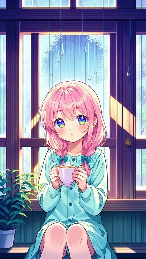 (1girl:1.3), (cute:1.2), (anime style:1.1), (soft colors:1.2), (gentle background:1.2), (light pastels), ((sitting by a window)), (watching the rain), (holding a warm cup of tea), (soft reflections on glass), (calm and cozy atmosphere), (simple outfit), (g...