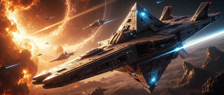 raw photo of an epic pyramid spaceship battle at the edge of the solar system, sleek shiny pyramid spaceships, laserbeams, explosions, unreal engine, art-works, highly detailed, photorealistic, masterpeice