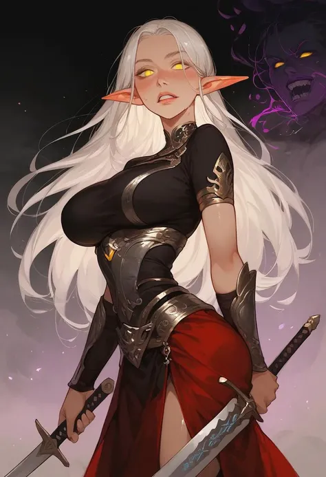 score_9, score_8_up, score_7_up, (female elf, platinum white hair, done up hair, golden yellow eyes, no pupils, pointed ears, frowning, gritting teeth, exerting, pretty face, pretty body, perfect body, perfect eyes, perfect face, large round breasts, large...