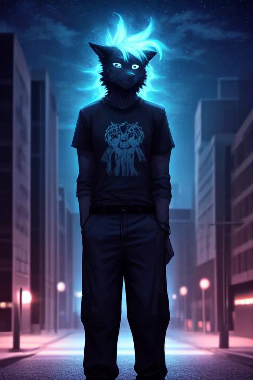 furry, black fur, night, glowing hairs, black clothing , shirt, pants,