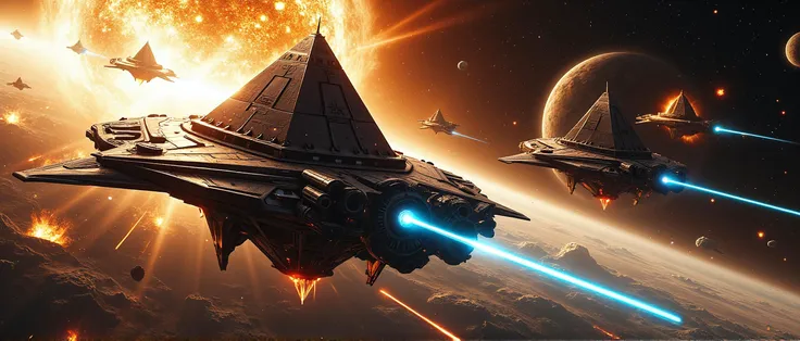 raw photo of an epic pyramid spaceship battle at the edge of the solar system, sleek shiny pyramid spaceships, laserbeams, explosions, unreal engine, art-works, highly detailed, photorealistic, masterpeice