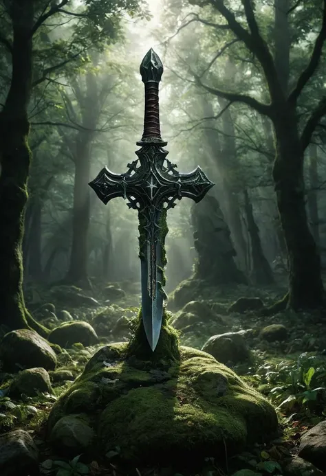 A detailed image of an enchanted medieval fantasy sword thrust into a large, clean boulder that serves as a gravestone. The sword is vertical, resembling a cross, with the blade driven in slightly more than halfway. The sword appears ancient, with a slight...