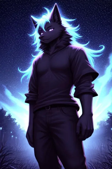 furry, black fur, night, glowing hairs, black clothing , shirt, pants,