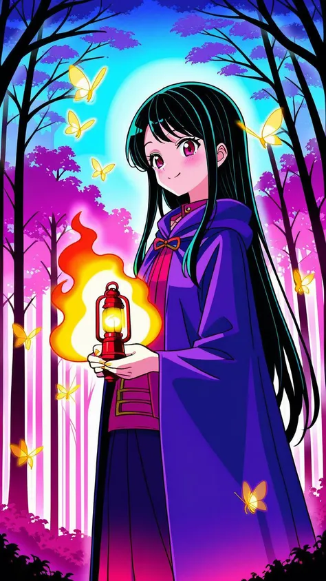 (1girl:1.3), (cute:1.2), (anime style:1.1), (detailed background:1.2), (flat colors:1.2), (lineart:1.1), ((bright colors)), ((mysterious, holding a lantern)), (dark enchanted forest), (glowing fireflies), (twisted trees), (foggy atmosphere), (flowing cape)...