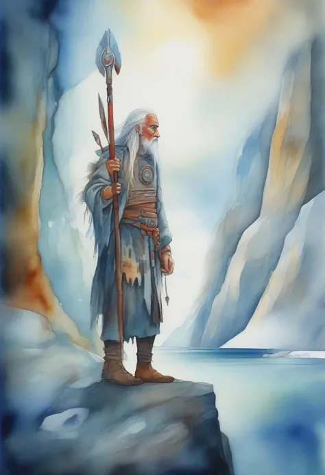 warrior  with white hairs standing near cliff in epic nordic fjord, pagan folk nordic ethnic, icy pagan spirits around, ultra high res, best quality, watercolor painting, strong environmental light, complementary colors, in the style of kandinsky