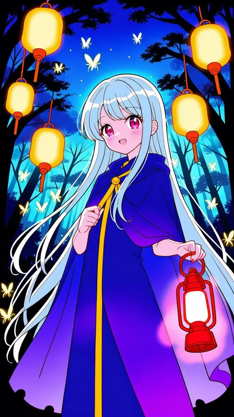 (1girl:1.3), (cute:1.2), (anime style:1.1), (detailed background:1.2), (flat colors:1.2), (lineart:1.1), ((bright colors)), ((mysterious, holding a lantern)), (dark enchanted forest), (glowing fireflies), (twisted trees), (foggy atmosphere), (flowing cape)...