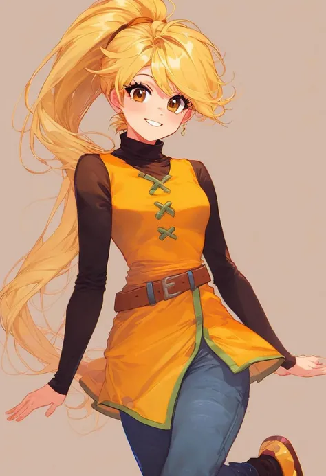 score_9, score_8_up, score_8, medium breasts, (curvy), cute, eyelashes,       BREAK, , zzYellow, brown eyes, blonde hair, long hair, ponytail, bangs, orange tunic, brown belt, pants, <lora:Yellow_Pokemon_PDXL_v2:0.8>, , BREAK, socks, big shoes, smile, look...