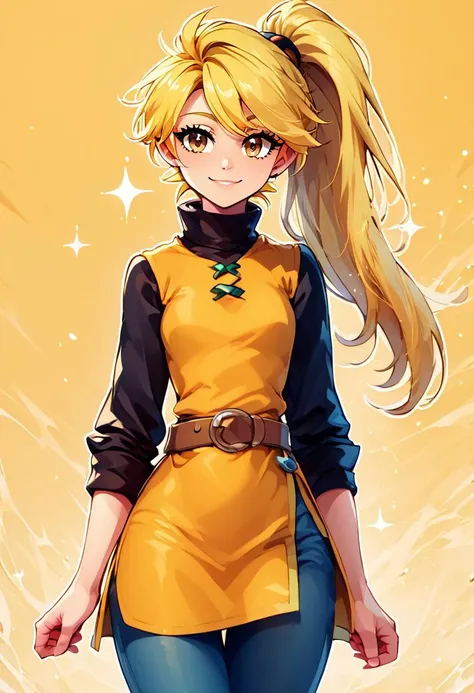 score_9, score_8_up, score_8, medium breasts, (curvy), cute, eyelashes,       BREAK, , zzYellow, brown eyes, blonde hair, long hair, ponytail, bangs, orange tunic, brown belt, pants, <lora:Yellow_Pokemon_PDXL_v2:0.8>, , BREAK, smile, looking at viewer,  ab...