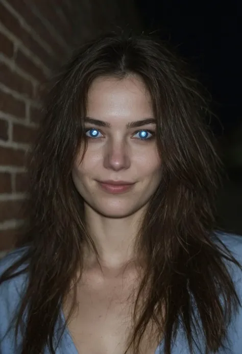 cinematic photography ultra close-up face of a woman with (blue tapetum:1.3) in a dark alley at night, (focus on eyes:1.2), head tilted to the side, evil smile, messy long hair, detailed skin, photorealistic, analogue photo, soft dim lighting, creepy atmos...