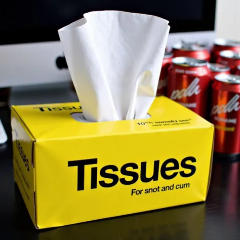 <lora:No_Name_Brand:1>This is a high-resolution photograph of a yellow box of "No Name" tissues.
The front features prominent black bold text "Tissues", with smaller text below that reads "For snot and cum" in black. The box is sitting on a computer desk, ...