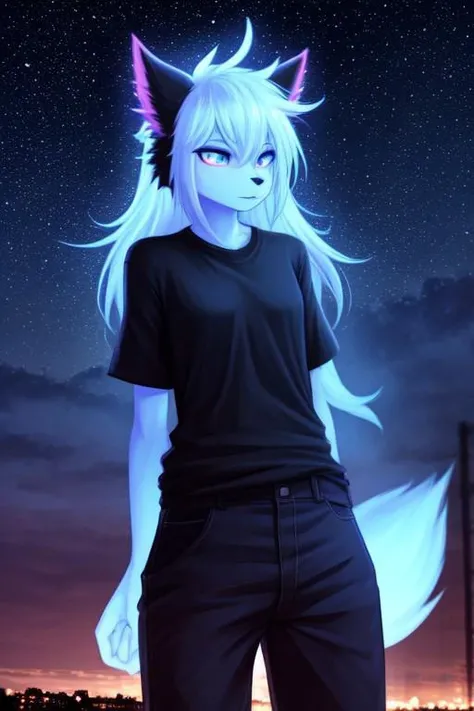 furry, black fur, night, glowing hairs, black clothing , shirt, pants,