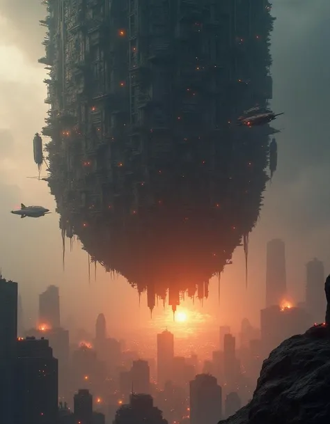 A city suspended upside-down beneath a massive asteroid, its buildings held in place by glowing energy cables. Flying ships dart between the skyscrapers, leaving trails of smoke as they dive toward the glowing surface below.