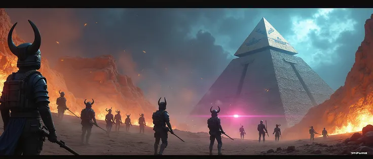 futuristic egyptian space pharoahs in a futuristic egyptian spaceship pyramid and futuristic staff weapons, night time scene, laser beams, neon glow, epic battle with US marines.