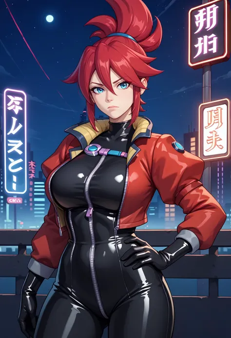 score_9, score_7_up, source_anime, 1girl, looking at viewer, closed mouth, hand on own hip, <lora:hi-firush_korsica_ponyXL:1> korsica, ponytail, large breasts, red jacket, long sleeves, puffy sleeves, black gloves, black bodysuit, latex, zipper, night, neo...