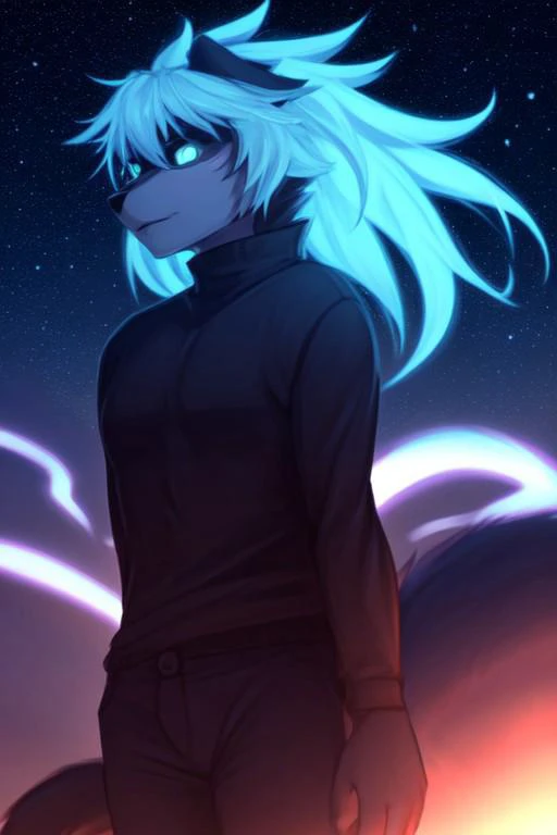 furry, black fur, night, glowing hairs, black clothing , shirt, pants,