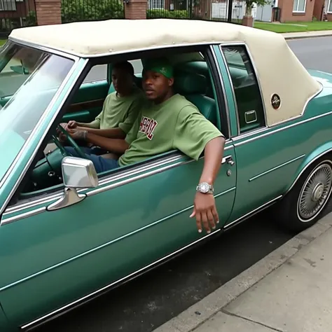 This image features two grove street gangsta riding a drophead 1992 Cadilac  Brougham, both gangsta wears 90s green loose hiphop clothes with green bandana, they looking at camera as they driving through hood, image taken from close distance at sidewalk wi...